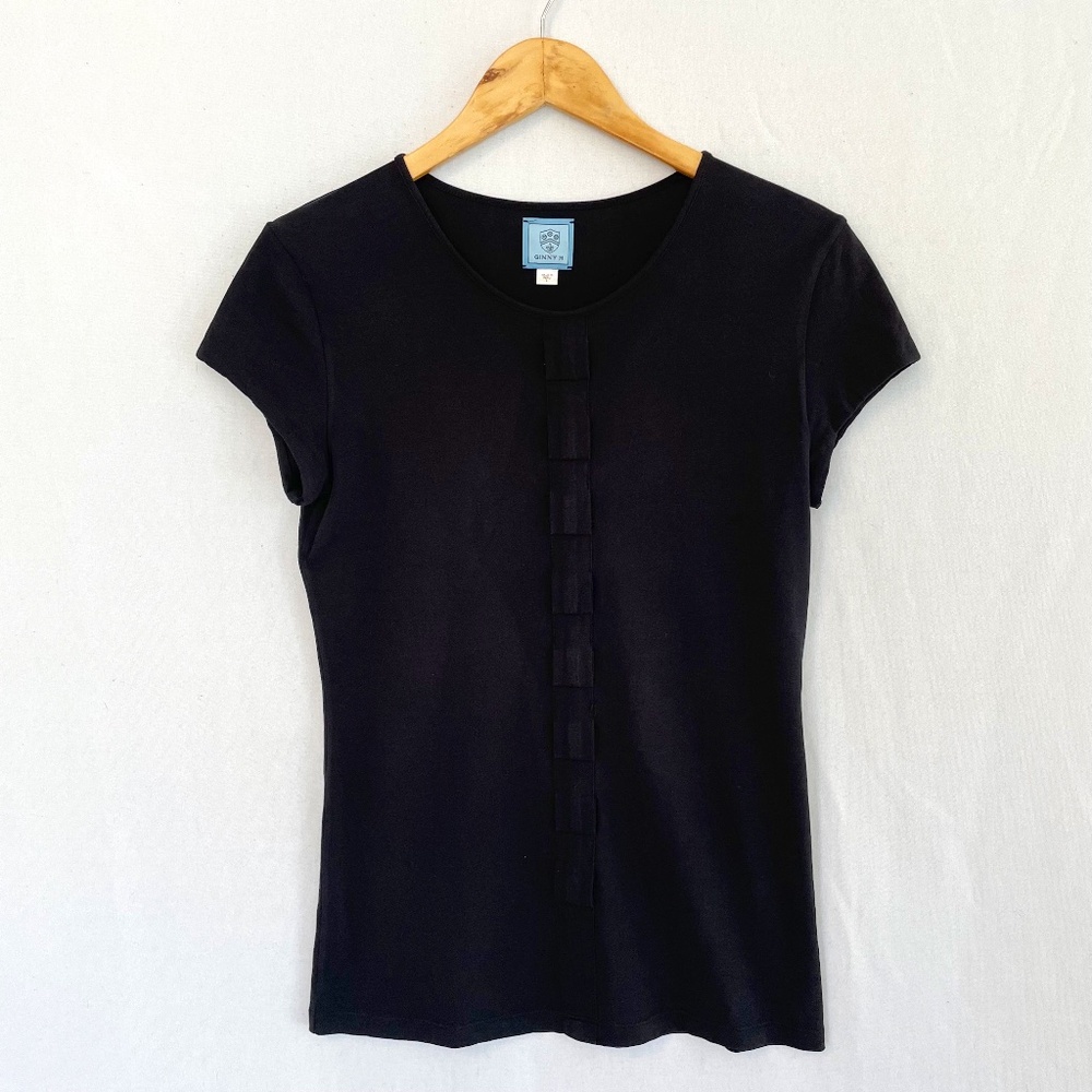 GINNY H Women’s Size Large Black Ruffle Detail Short Sleeve Tee Shirt